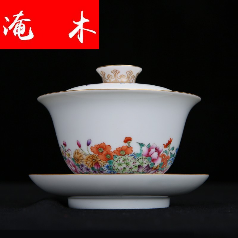 Flooded jingdezhen wood powder enamel hand - made paint flowers bloom three tureen kung fu tea bowl