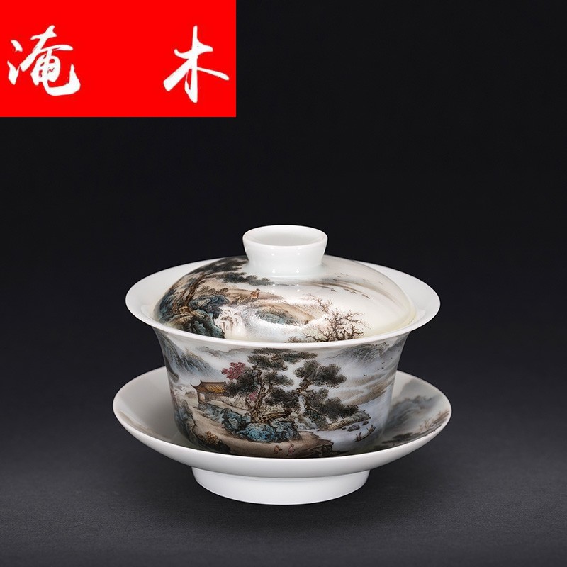 Flooded jingdezhen wood antique imperial porcelain enamel landscape three tureen kung fu tea set in ancient tea bowl cups