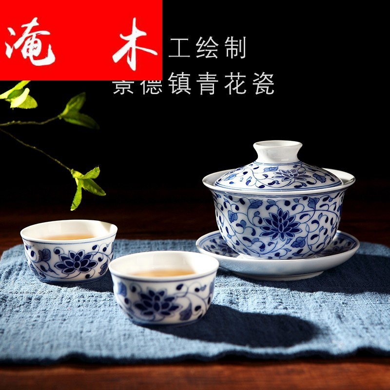 Submerged wood jingdezhen porcelain kung fu tea tureen of blue and white porcelain teacup thin foetus manual hand - made three bowl bound