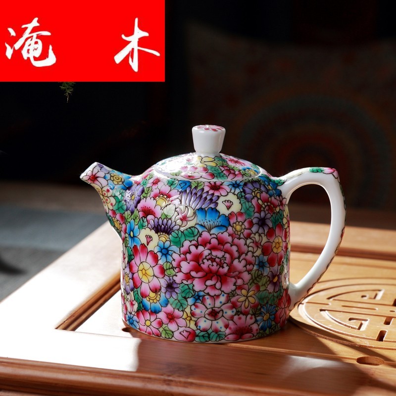 Flooded jingdezhen wood colored enamel hand - made flower is little teapot filtering household kung fu tea set ceramic tea