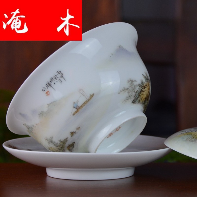 Submerged wood jingdezhen blue and white porcelain checking tea tureen pastel hand - made scenery tureen three tureen