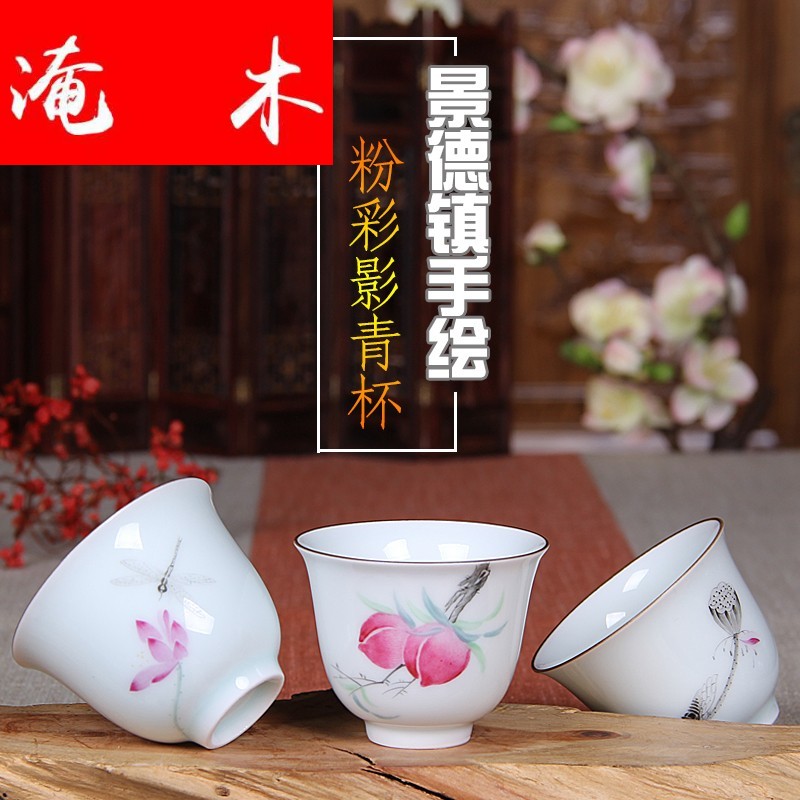 Flooded jingdezhen wood powder enamel master individual cup hand - made ceramic tea set green, pure manual single cup sample tea cup