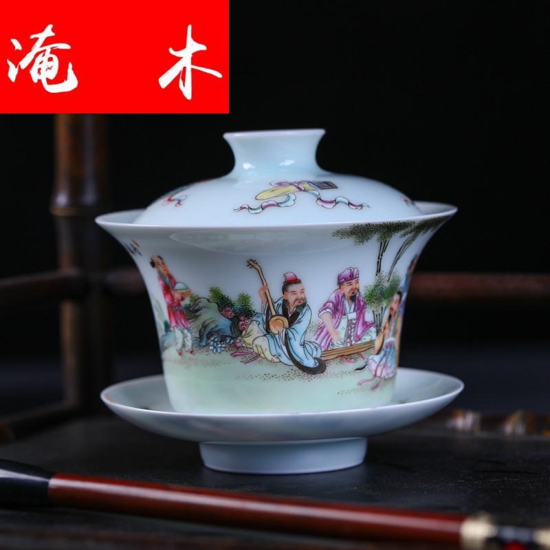 Submerged wood jingdezhen Jin Hongxia famille rose porcelain tea set hand - made tureen three cup ceramic bowl cover cup package mail