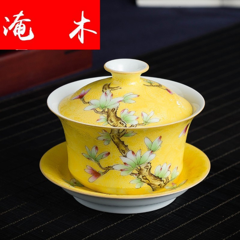 Submerged ancient jun jingdezhen wood grilled pastel flowers tureen large household hand - made cups three bowl kung fu tea set