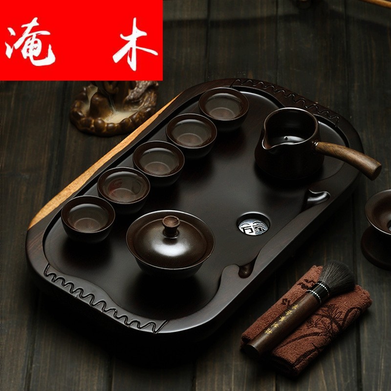 Flooded kung fu tea tray ebony wood tea tray tea set tea table of a complete set of coarse pottery teapot the whole piece of solid wood tea tray