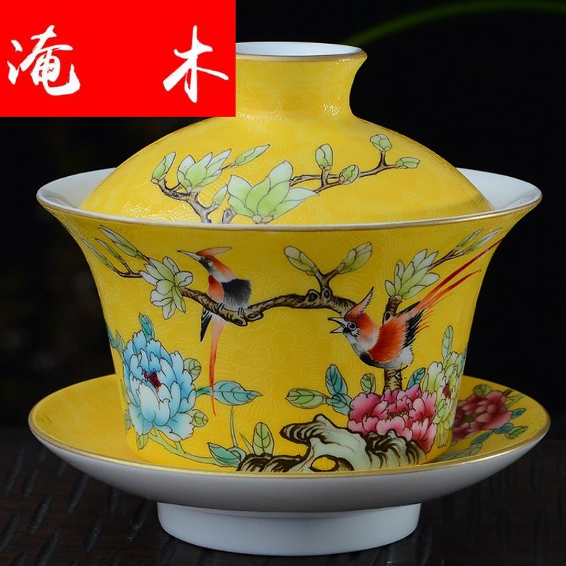 Grilled flooded wood painting of flowers and flower tureen jingdezhen tea hand - made kung fu tea powder enamel three to make tea tureen bowl