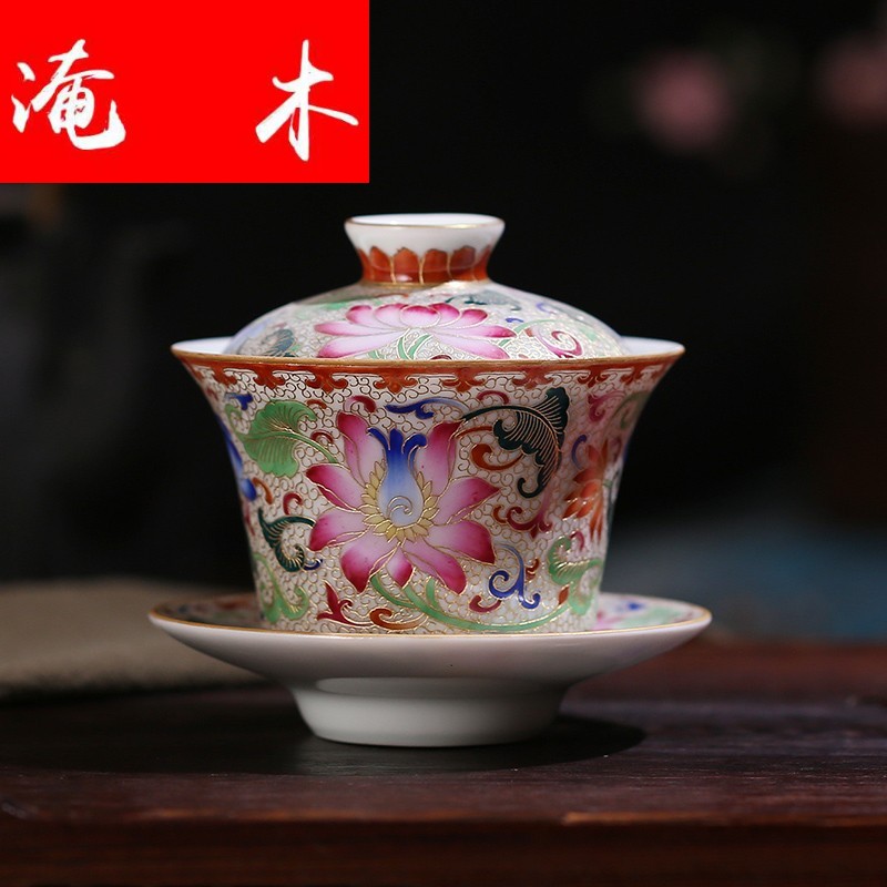 Submerged wood jingdezhen all hand hand draw pastel colored enamel paint only three tureen tea bowl cups kung fu