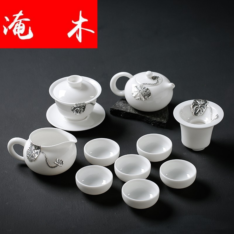 Flooded wood with silver dehua white porcelain kung fu tea set the whole office tea tureen teapot tea cups porcelain