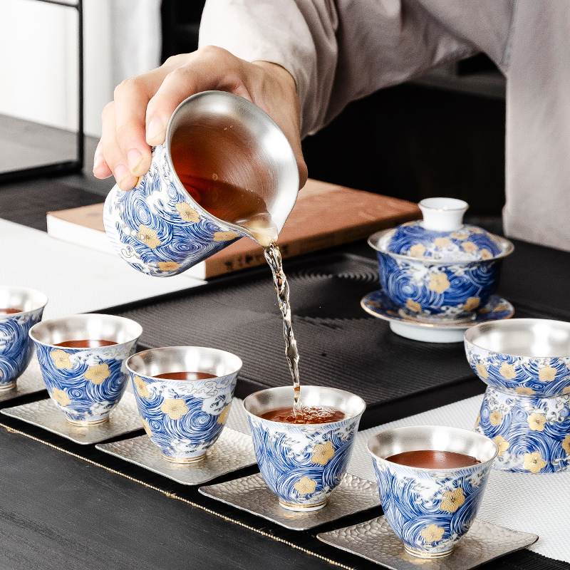 NiuRen household coppering. As silver kung fu tea set contracted tea cups porcelain enamel see colour lid bowl of gift boxes