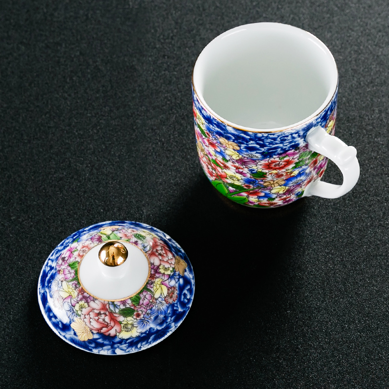 NiuRen office personal cup business of blue and white porcelain ceramic cups with cover large capacity of household water with the boss