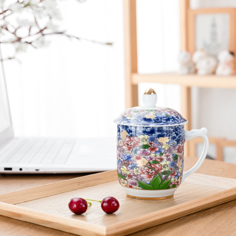 NiuRen office personal cup business of blue and white porcelain ceramic cups with cover large capacity of household water with the boss
