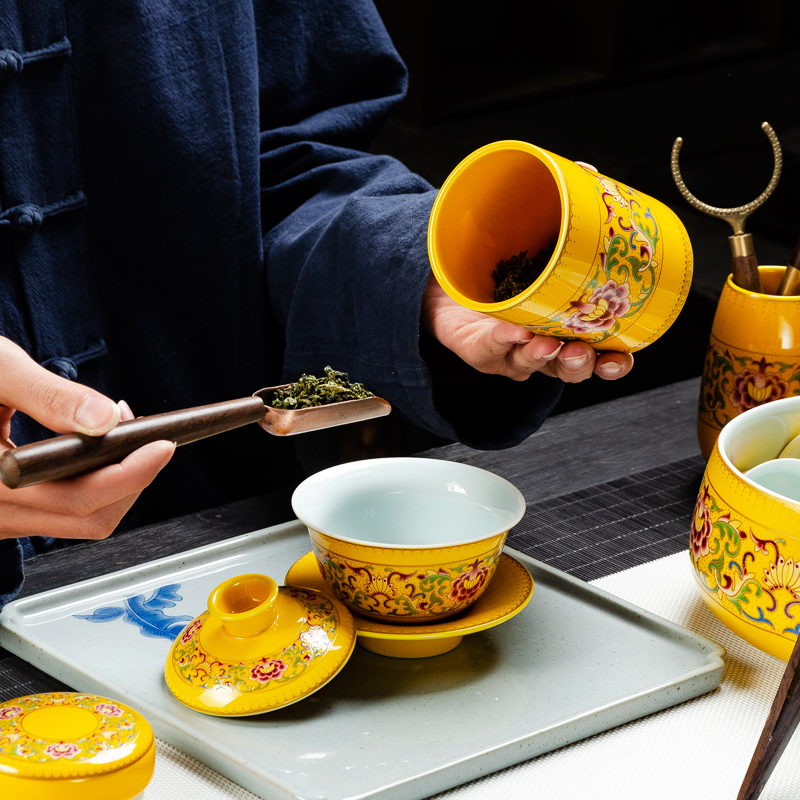 NiuRen colored enamel ebony tea six gentleman 's suit tea accessories of caddy fixings tea wash to the ceramic seal pot