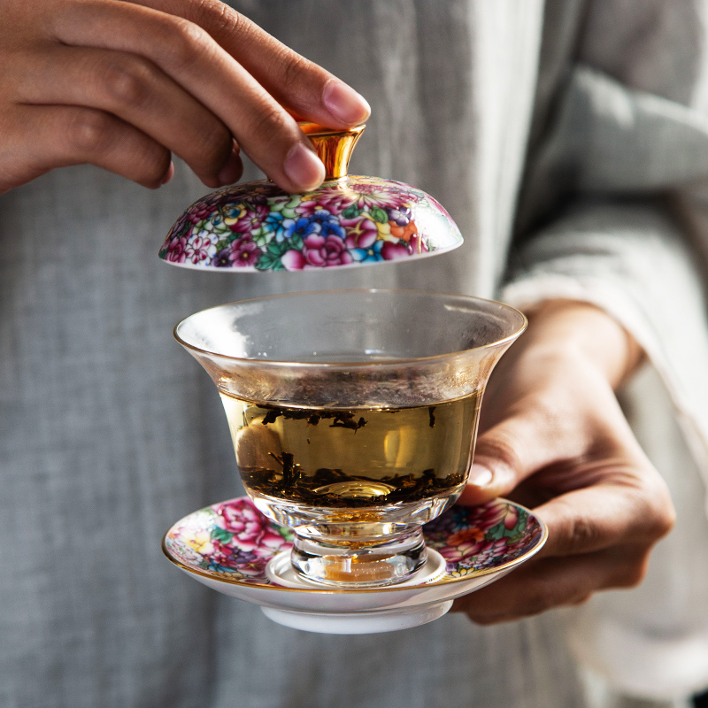 NiuRen colored enamel glass tea set of household ceramic kung fu tea set heat - resisting teapot gold foil of a complete set of tea cups