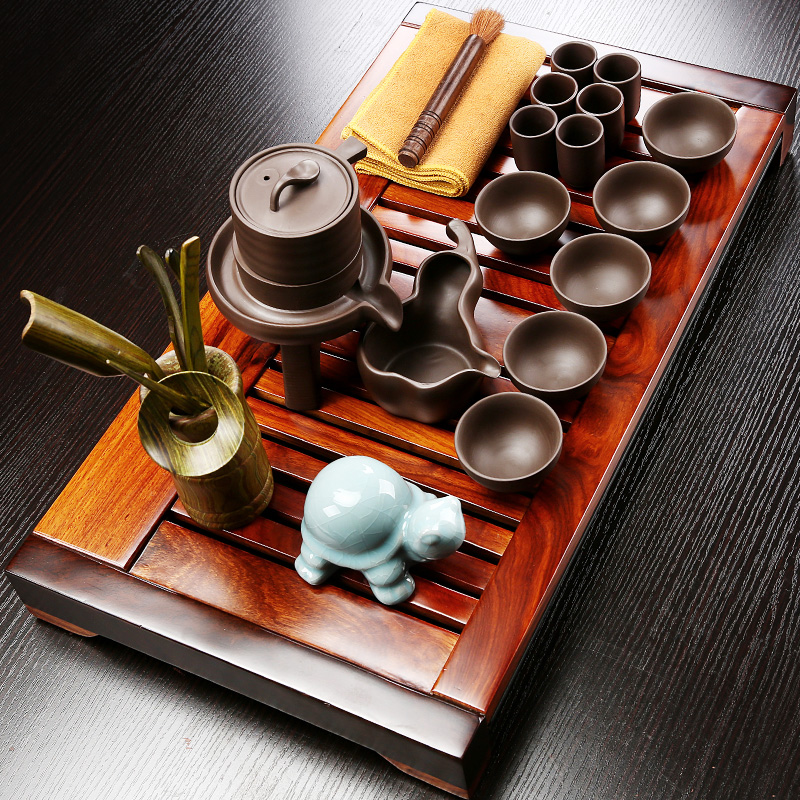 NiuRen purple ceramic kung fu tea set suit household contracted office hua limu tea tray was the draw - out type tea table set