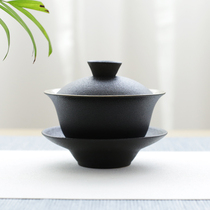 Tangzhan black pottery bowl large home three talent bowl coarse pottery cup ceramic kung fu tea tea set