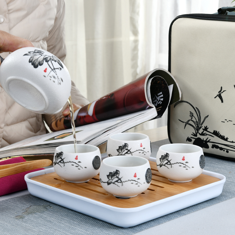 Kung fu tea set Japanese travel kit bags small set of household portable teapot teacup contracted Snow White porcelain