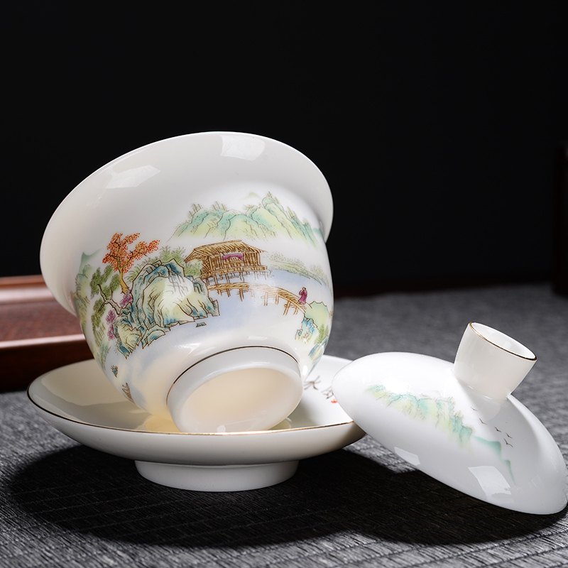 Suet jade porcelain kung fu tea set of a complete set of dehua white porcelain household contracted sitting room tea cup lid bowl suit