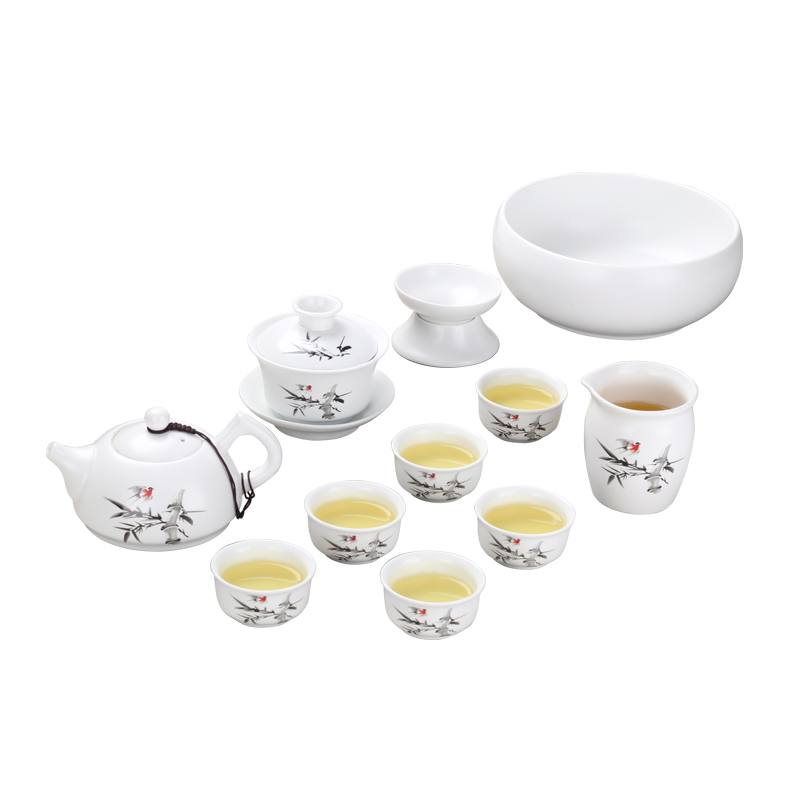 Household white porcelain tureen tea set the teapot kung fu large jade jingdezhen porcelain cups three cup fat white bowl