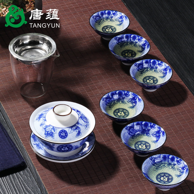 Blue and white porcelain jingdezhen tureen suits for large cups kung fu tea set suet jade porcelain three cup of the big bowl