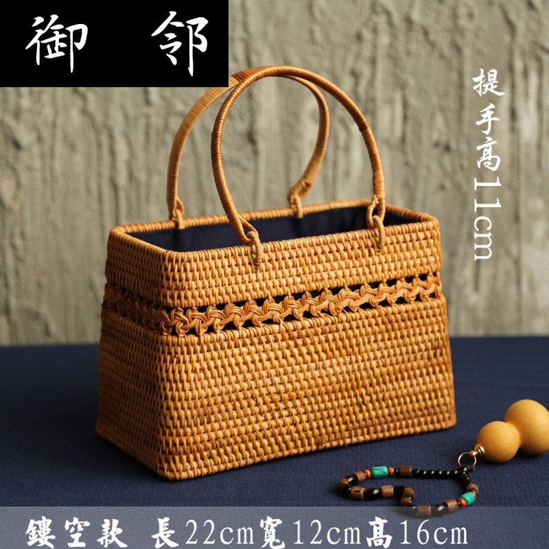 Ct one the cane top service up handbag hollow - out decorative pattern rattan cane straw vega packages in cotton and linen lining tea set to receive bulk