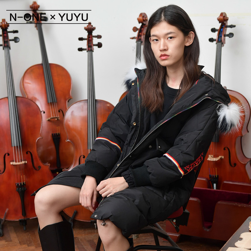 N-one x YUYU女装冬季新款中长款白鸭绒羽绒外套