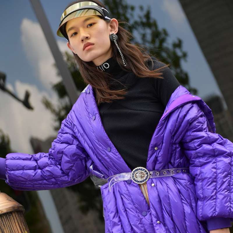 N-one新款紫色连帽外套oversize羽绒服女