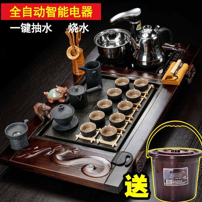 Back on a complete set of kung fu tea set four ceramic home tureen violet arenaceous electric furnace and solid wood tea tray