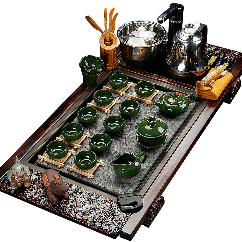 Back on tea set purple sand pottery and porcelain of a complete set of ice to crack kung fu tea set four unity electric magnetic furnace solid wood tea tray