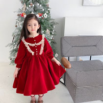 Autumn Winter New Children Long Sleeves Dress Girl Red Ocean Gas Birthday Christmas Velvet Pompon Princess Dress