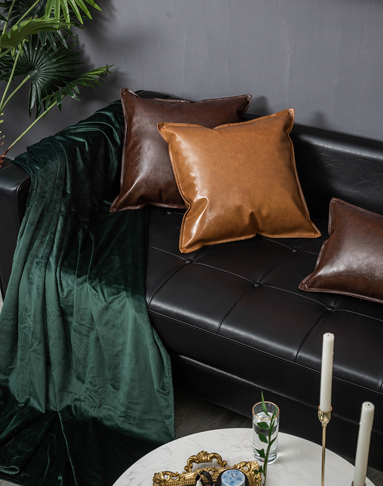 轻奢油蜡皮抱枕靠垫皮沙发抱枕皮靠背仿真皮抱枕纯色抱枕车用抱枕_甜