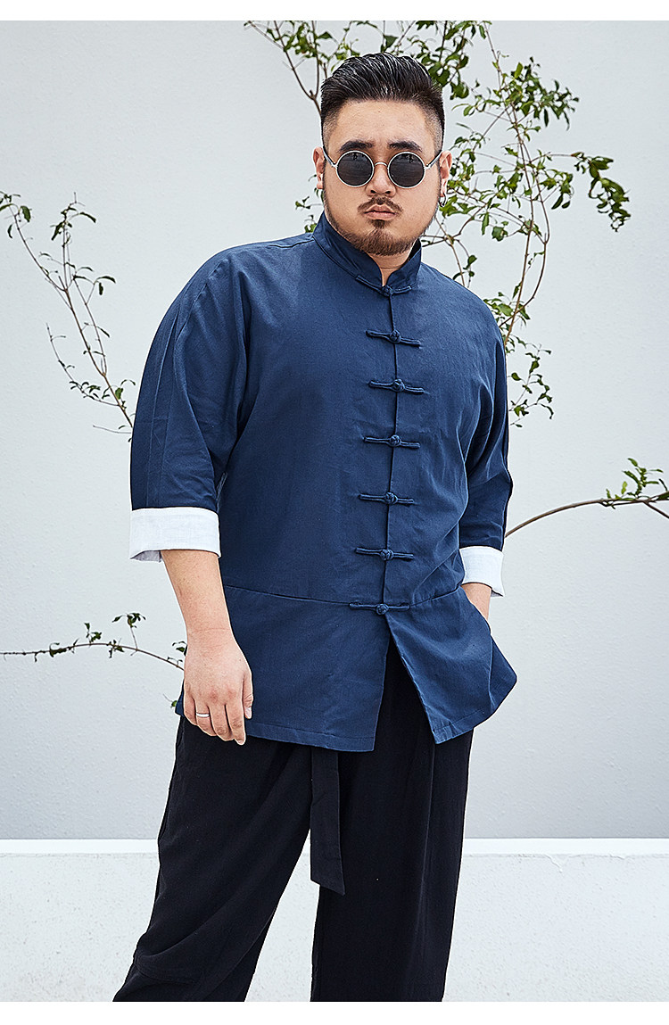 大码中国风男装亚麻短袖唐装 夏季棉麻胖子加肥加大宽松盘扣外套