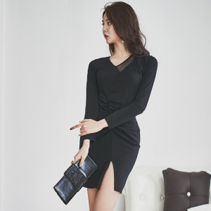 Autumn and winter new Korean fashion temperament V-neck show thin sexy hip wrap dress slit long sleeve skirt with bottom