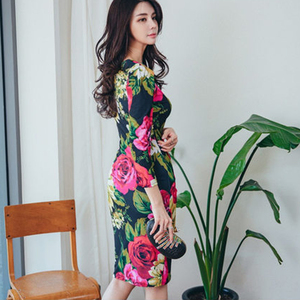 Spring and summer new Korean fashion style printed waist slim flower dress