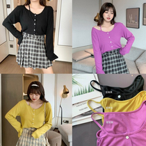 Wang grape micro fat mm lazy wind long-sleeved top womens 2020 new large size sling strapless knitted cardigan