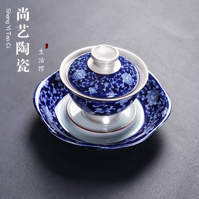 Three to 999 sterling silver, blue and white porcelain ceramic coppering. As silver tureen large bowl of kung fu tea tea bowl to bowl the teapot