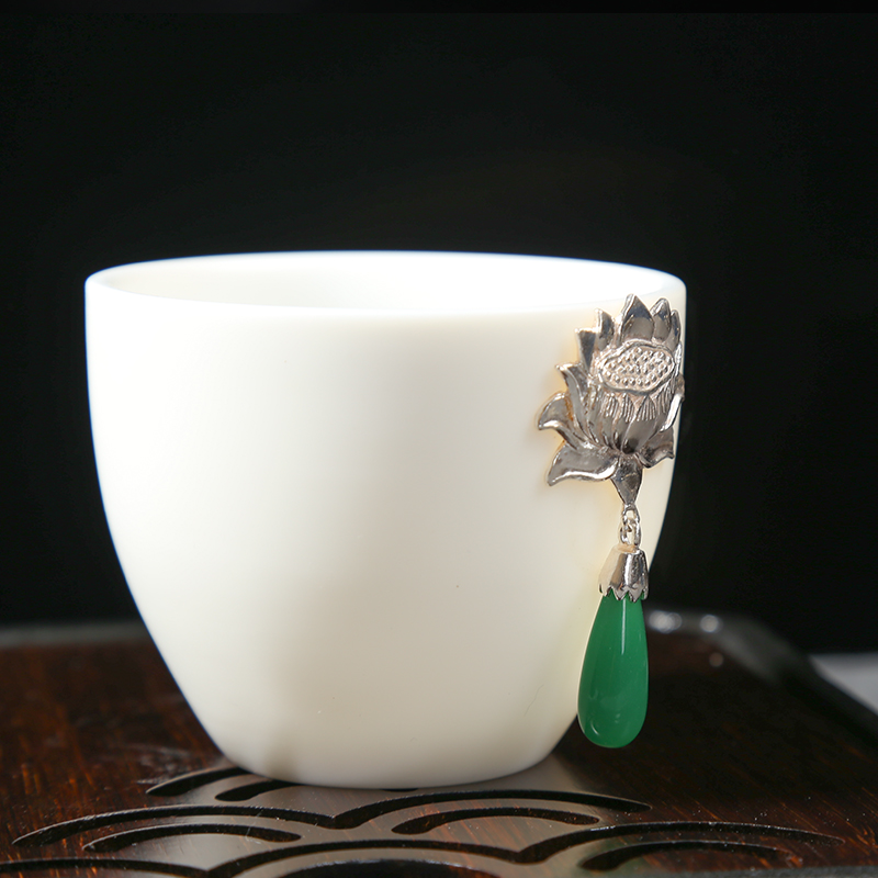 Dehua white porcelain with sterling silver cup suet jade up hang jade whitebait cup sample tea cup kung fu tea set single master CPU