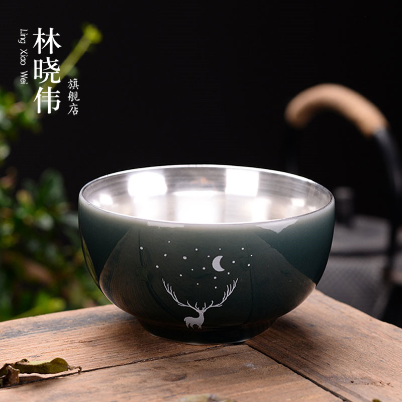 Lin Xiaowei tasted silver gilding masters cup of household ceramic tea cup sample tea cup 999 sterling silver deer kung fu tea cups, small bowl