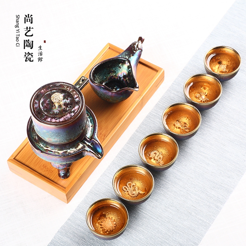 Colorful up with silver, semi - automatic kung fu tea set household whitebait glass ceramic lazy stone mill make tea