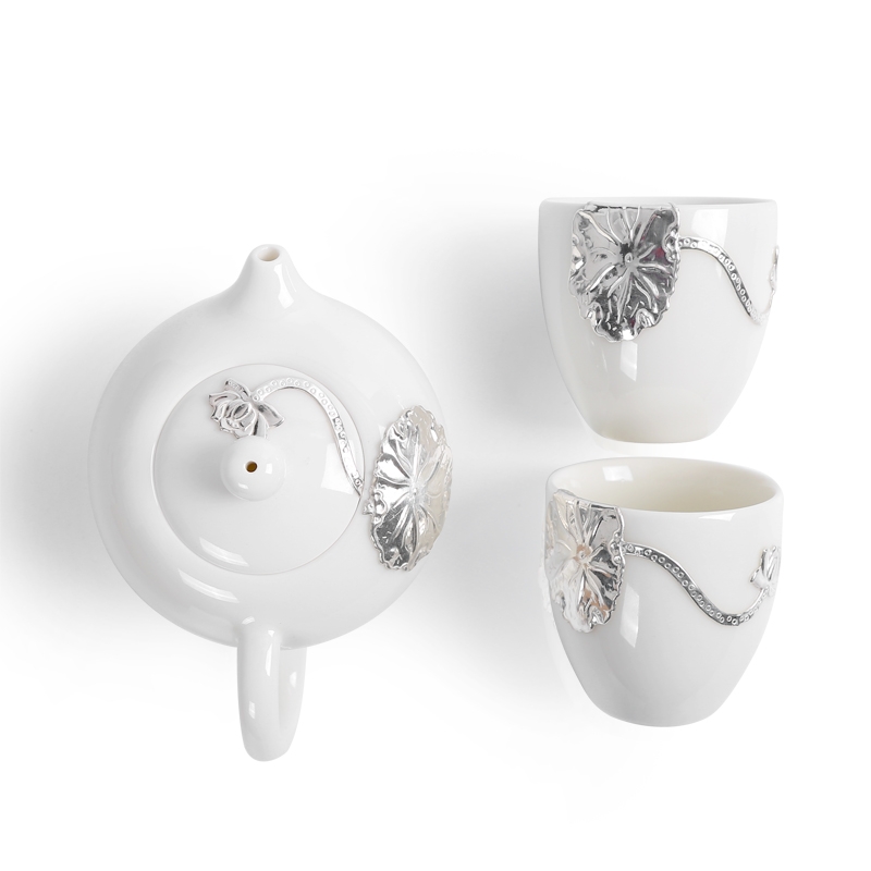 Dehua white porcelain with silver, a pot of two portable is suing jade porcelain ceramic crack cup travel tea set kung fu tea set