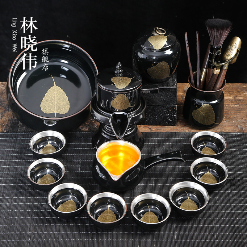 Tasted silver gilding lazy tea set, informs building light gold konoha atone semi - automatic teapot kung fu tea set, ceramic