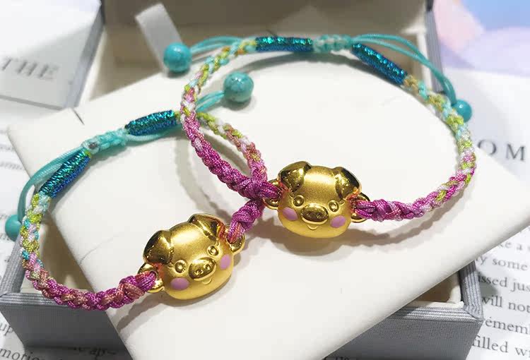 周佑福3d硬金工艺呆萌的小猪手串黄金硬金儿童手绳送宝宝满月礼物