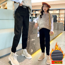 Girls pants flushed thick 2022 new winter large children's elastic leisure pants autumn and winter children's jeans