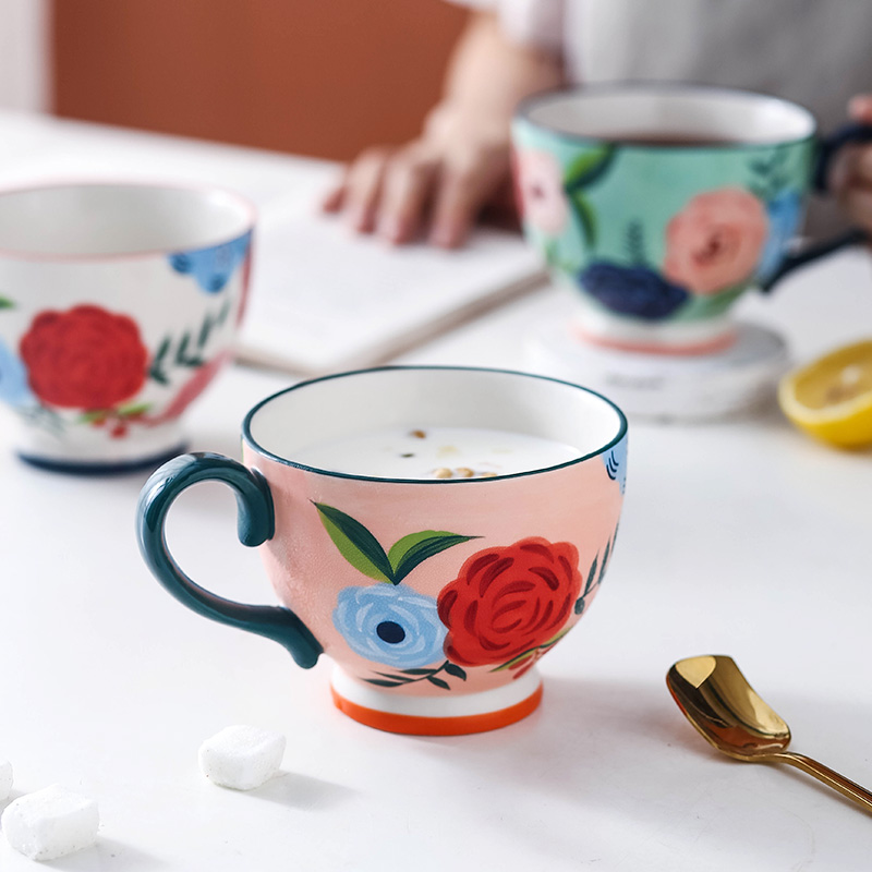 Four seasons flower hand - made ceramic keller cup of milk breakfast cup of household pot - bellied capacity of oatmeal bowls