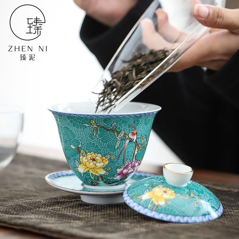 By mud jingdezhen tureen hand paint thin foetus enamel only three bowls of kung fu tea set domestic large bowl