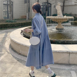 Korean style blue fishtail dress washed cotton polo shirt skirt loose casual women summer fat mm pregnant women long style