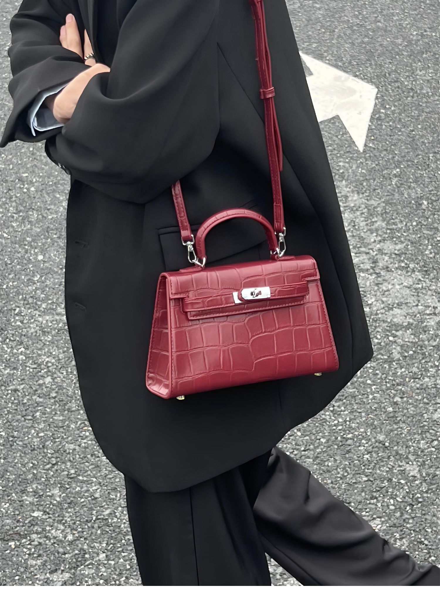 新娘结婚酒红色鳄鱼纹手提凯莉包包女式2025新款高级感斜挎包春夏