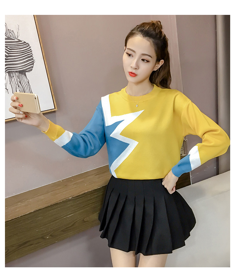 毛衣宽松加厚拼色针织衫女2018秋冬新款韩版宽松打底套头针织毛衣