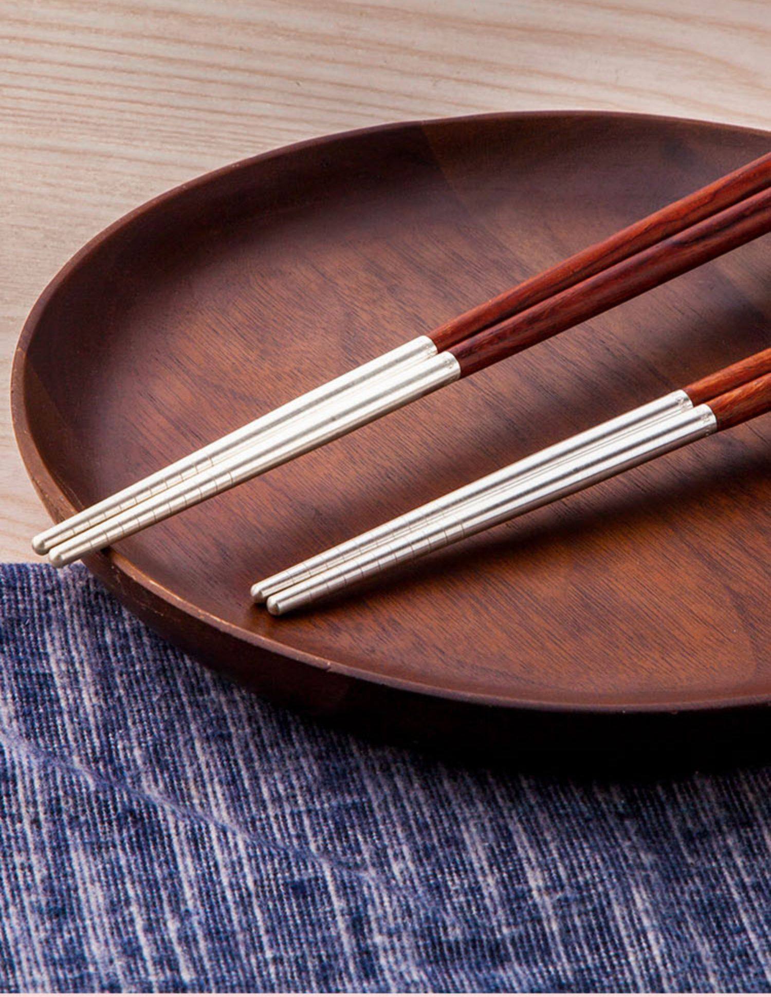 银筷子999纯银家用非实心1双足银食用银快筷子红酸枝红木高档实木