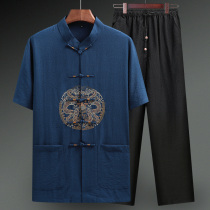 Linen short sleeve Tang suit mens middle-aged father thin summer dress Chinese style old man grandfather clothes cotton linen suit