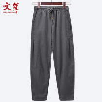 Spring and autumn mens cotton and hemp casual pants Chinese style elastic pants Waist loose mens pants middle-aged dad linen pants